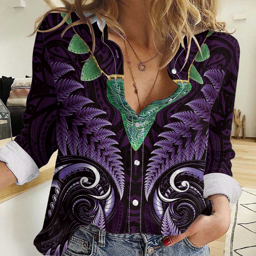 Aotearoa Pounamu Niho Women Casual Shirt Silver Fern Mix Maori Pattern - Purple - Vibe Hoodie Shop