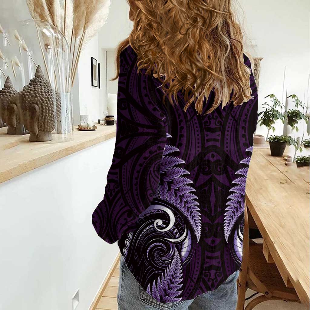 Aotearoa Pounamu Niho Women Casual Shirt Silver Fern Mix Maori Pattern - Purple - Vibe Hoodie Shop