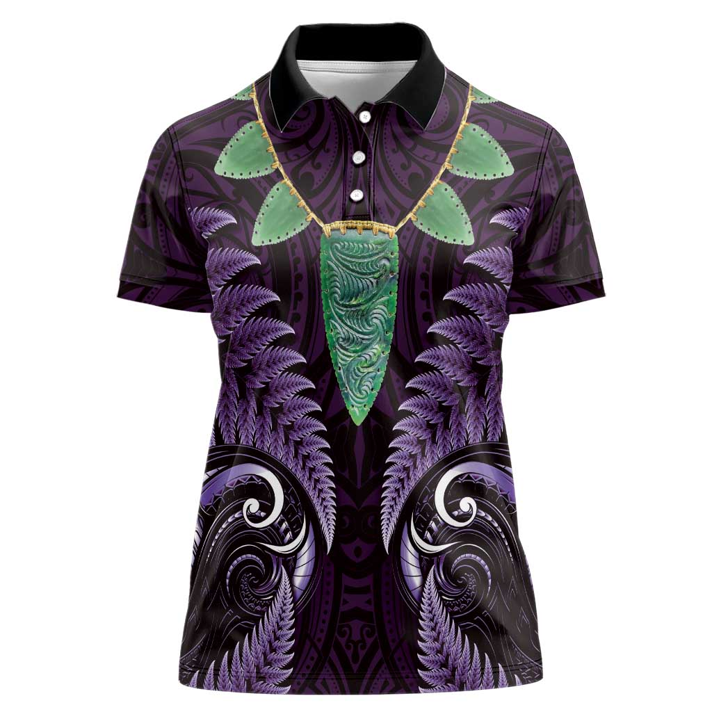 Aotearoa Pounamu Niho Women Polo Shirt Silver Fern Mix Maori Pattern - Purple - Vibe Hoodie Shop