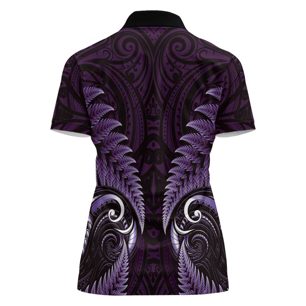 Aotearoa Pounamu Niho Women Polo Shirt Silver Fern Mix Maori Pattern - Purple - Vibe Hoodie Shop