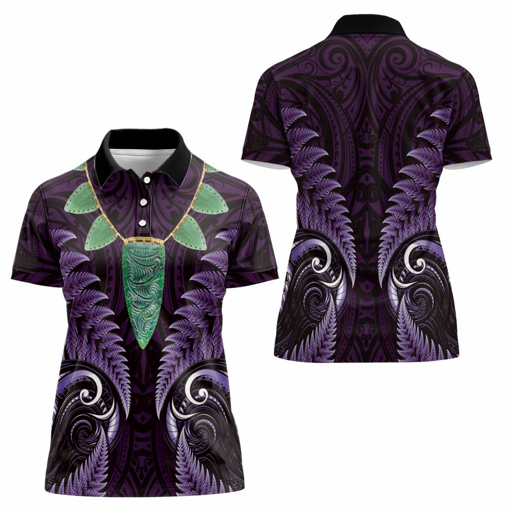 Aotearoa Pounamu Niho Women Polo Shirt Silver Fern Mix Maori Pattern - Purple - Vibe Hoodie Shop