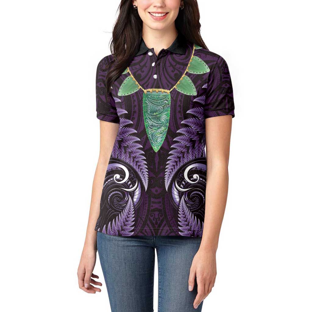 Aotearoa Pounamu Niho Women Polo Shirt Silver Fern Mix Maori Pattern - Purple - Vibe Hoodie Shop