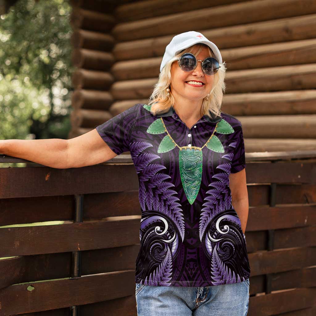 Aotearoa Pounamu Niho Women Polo Shirt Silver Fern Mix Maori Pattern - Purple - Vibe Hoodie Shop