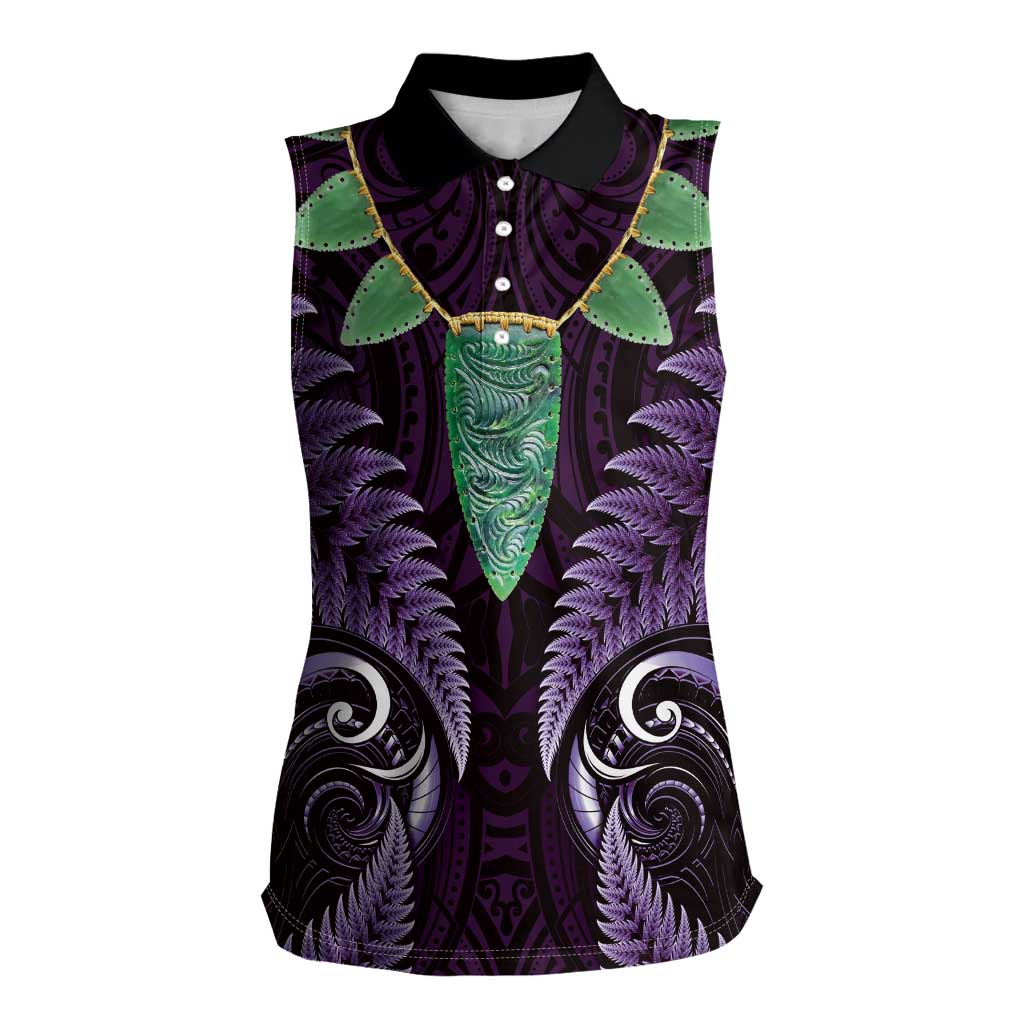 Aotearoa Pounamu Niho Women Sleeveless Polo Shirt Silver Fern Mix Maori Pattern - Purple