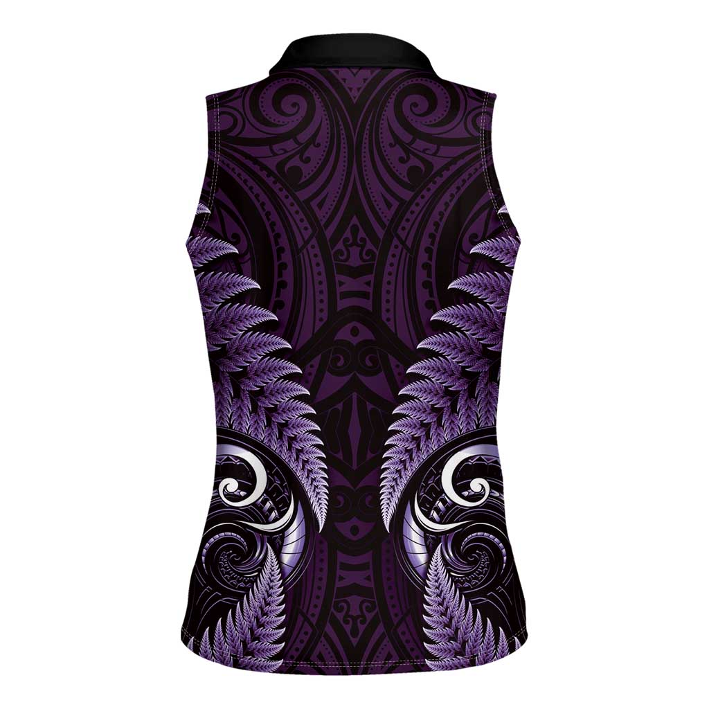 Aotearoa Pounamu Niho Women Sleeveless Polo Shirt Silver Fern Mix Maori Pattern - Purple