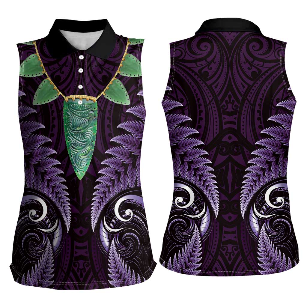 Aotearoa Pounamu Niho Women Sleeveless Polo Shirt Silver Fern Mix Maori Pattern - Purple