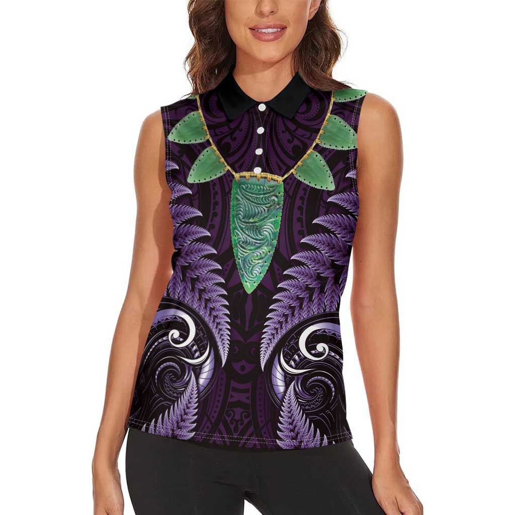 Aotearoa Pounamu Niho Women Sleeveless Polo Shirt Silver Fern Mix Maori Pattern - Purple