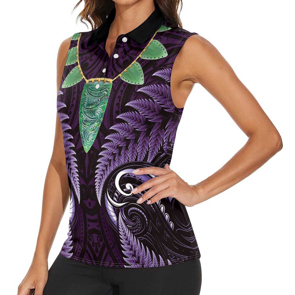 Aotearoa Pounamu Niho Women Sleeveless Polo Shirt Silver Fern Mix Maori Pattern - Purple