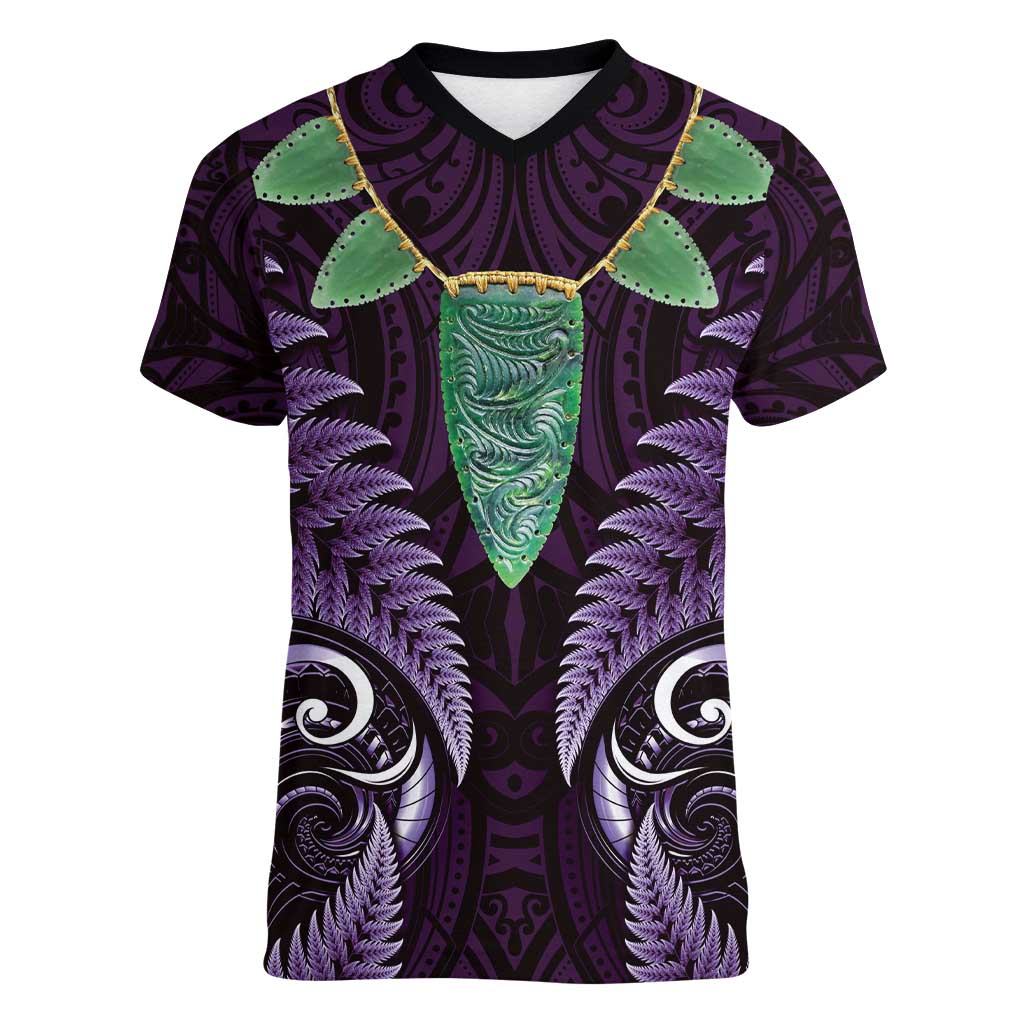 Aotearoa Pounamu Niho Women V-Neck T-Shirt Silver Fern Mix Maori Pattern - Purple - Vibe Hoodie Shop