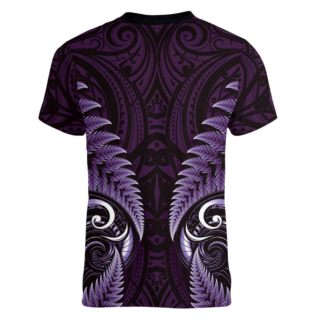 Aotearoa Pounamu Niho Women V-Neck T-Shirt Silver Fern Mix Maori Pattern - Purple - Vibe Hoodie Shop