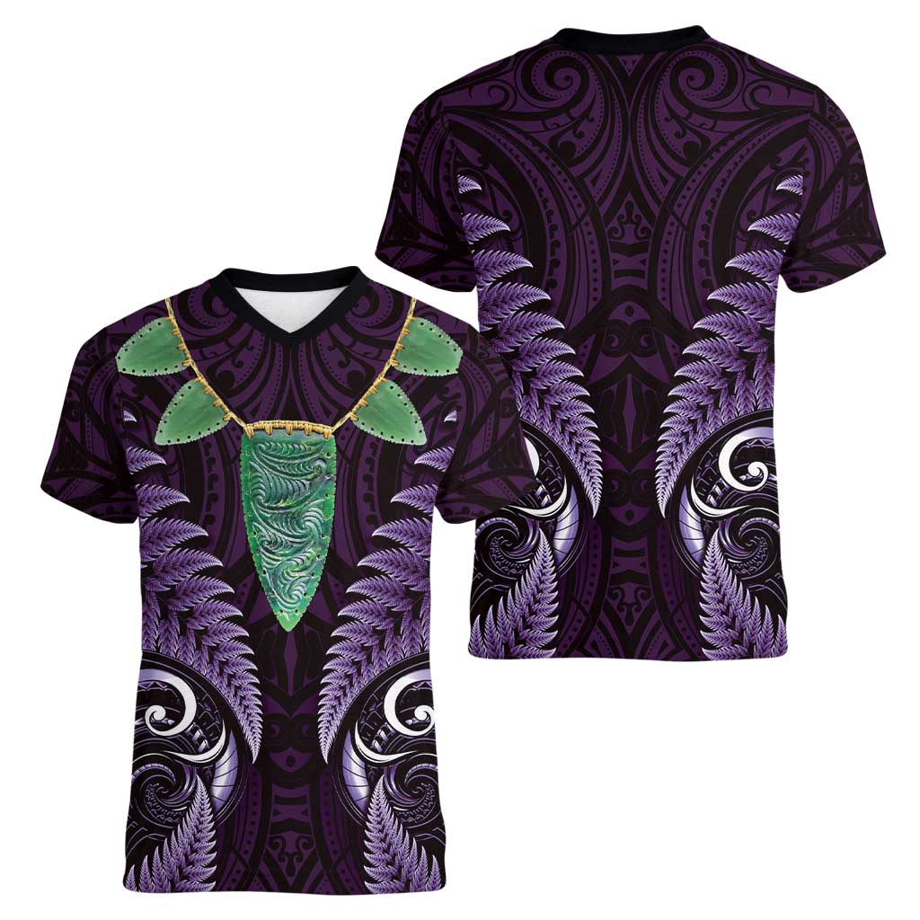 Aotearoa Pounamu Niho Women V-Neck T-Shirt Silver Fern Mix Maori Pattern - Purple - Vibe Hoodie Shop