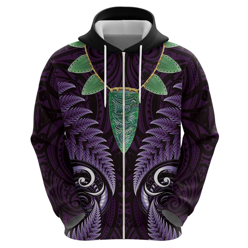 Aotearoa Pounamu Niho Zip Hoodie Silver Fern Mix Maori Pattern - Purple - Vibe Hoodie Shop