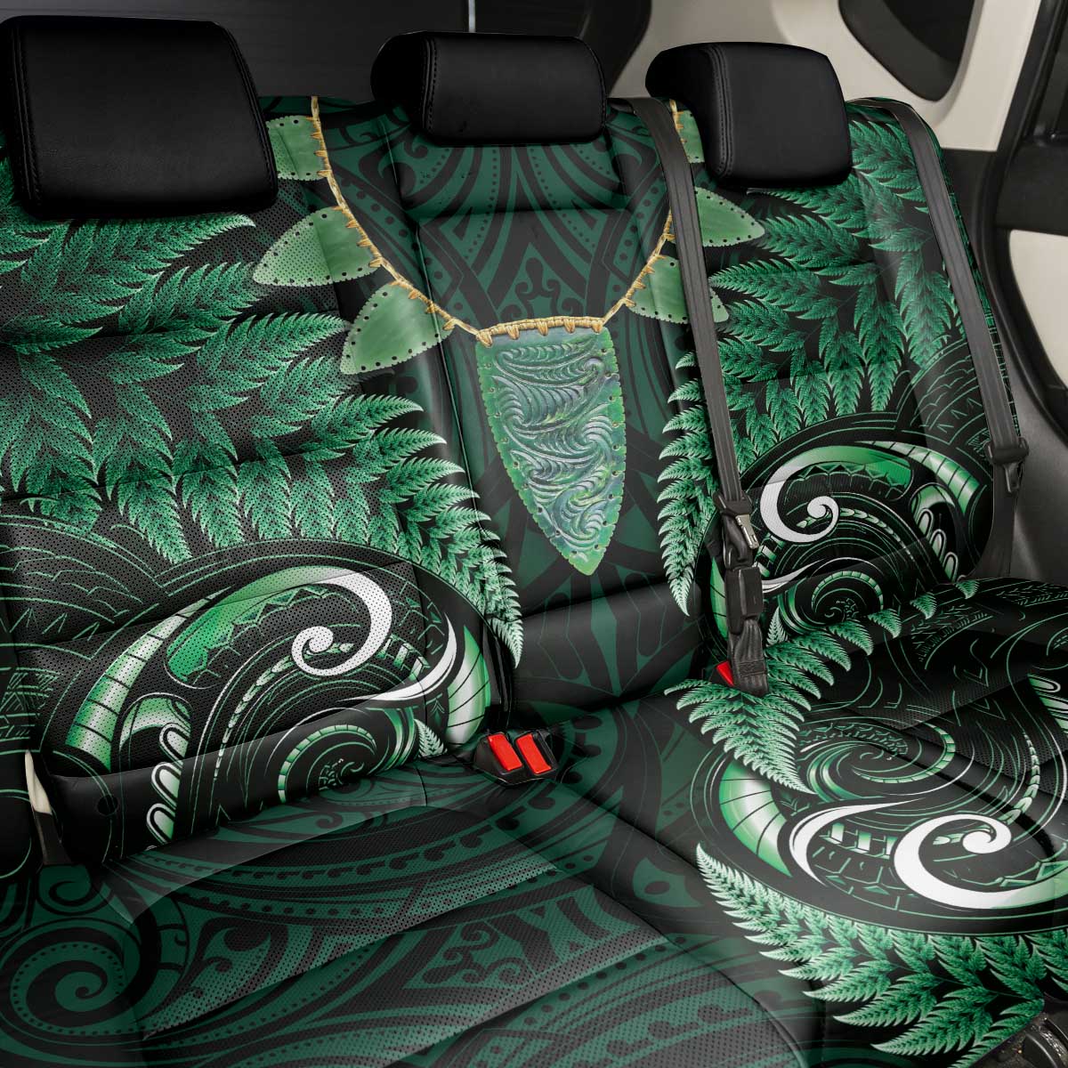 Aotearoa Pounamu Niho Back Car Seat Cover Silver Fern Mix Maori Pattern - Green