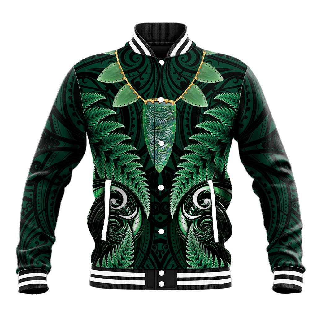 Aotearoa Pounamu Niho Baseball Jacket Silver Fern Mix Maori Pattern - Green - Vibe Hoodie Shop