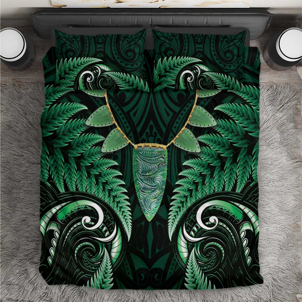 Aotearoa Pounamu Niho Bedding Set Silver Fern Mix Maori Pattern - Green - Vibe Hoodie Shop