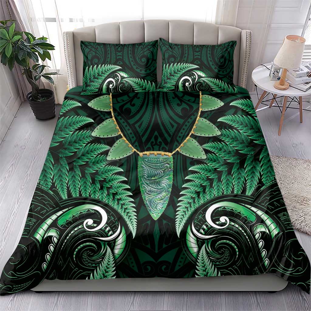 Aotearoa Pounamu Niho Bedding Set Silver Fern Mix Maori Pattern - Green - Vibe Hoodie Shop