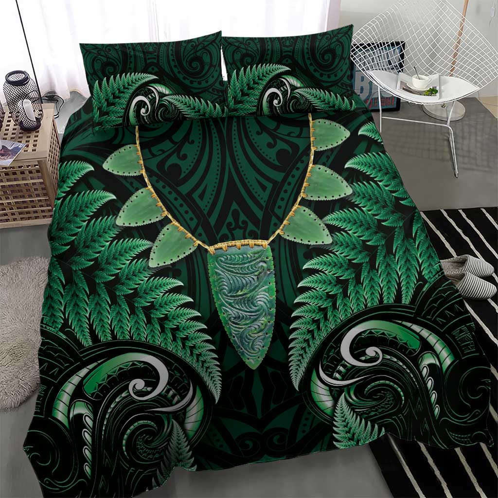 Aotearoa Pounamu Niho Bedding Set Silver Fern Mix Maori Pattern - Green - Vibe Hoodie Shop