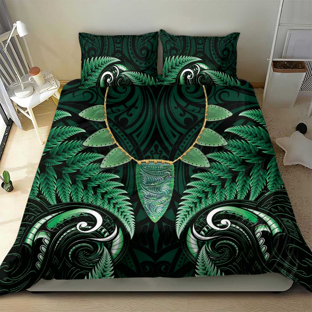 Aotearoa Pounamu Niho Bedding Set Silver Fern Mix Maori Pattern - Green - Vibe Hoodie Shop