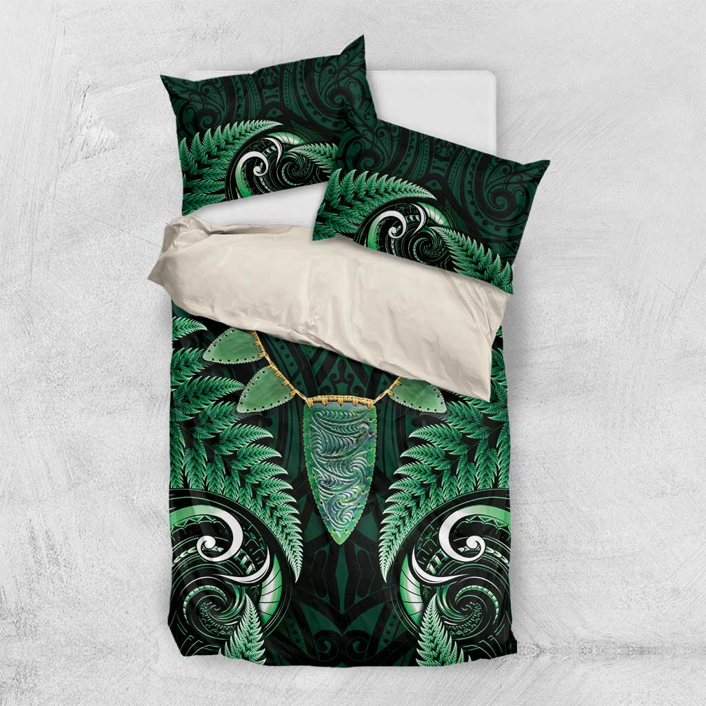 Aotearoa Pounamu Niho Bedding Set Silver Fern Mix Maori Pattern - Green - Vibe Hoodie Shop