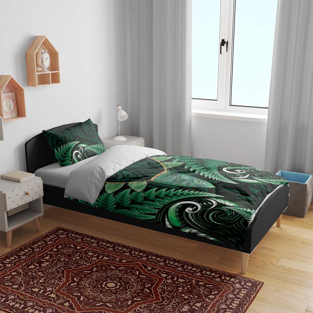 Aotearoa Pounamu Niho Bedding Set Silver Fern Mix Maori Pattern - Green - Vibe Hoodie Shop