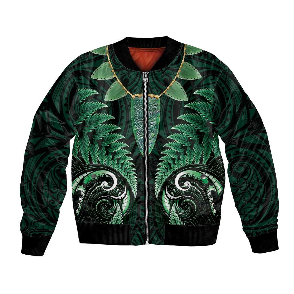 Aotearoa Pounamu Niho Bomber Jacket Silver Fern Mix Maori Pattern - Green - Vibe Hoodie Shop