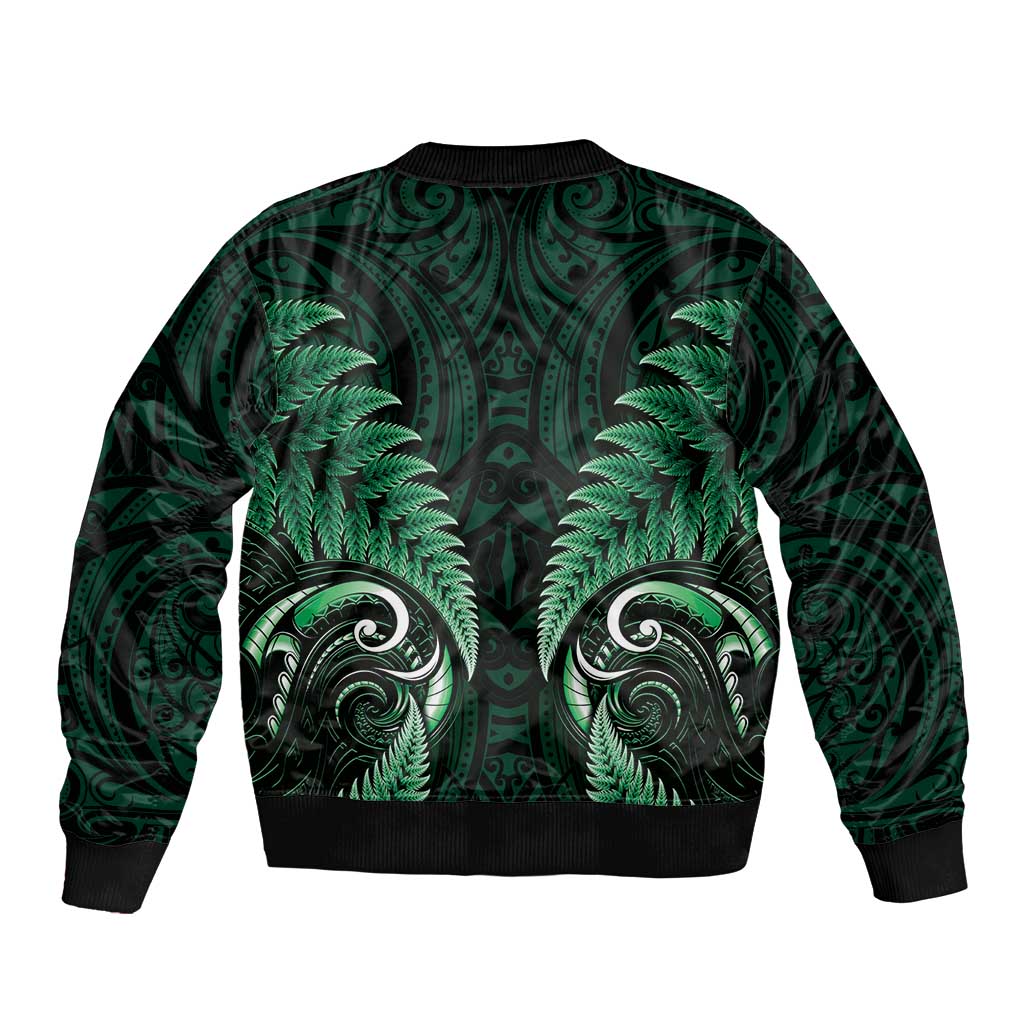 Aotearoa Pounamu Niho Bomber Jacket Silver Fern Mix Maori Pattern - Green - Vibe Hoodie Shop