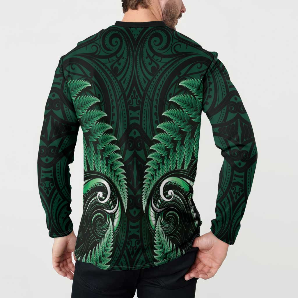 Aotearoa Pounamu Niho Button Sweatshirt Silver Fern Mix Maori Pattern - Green