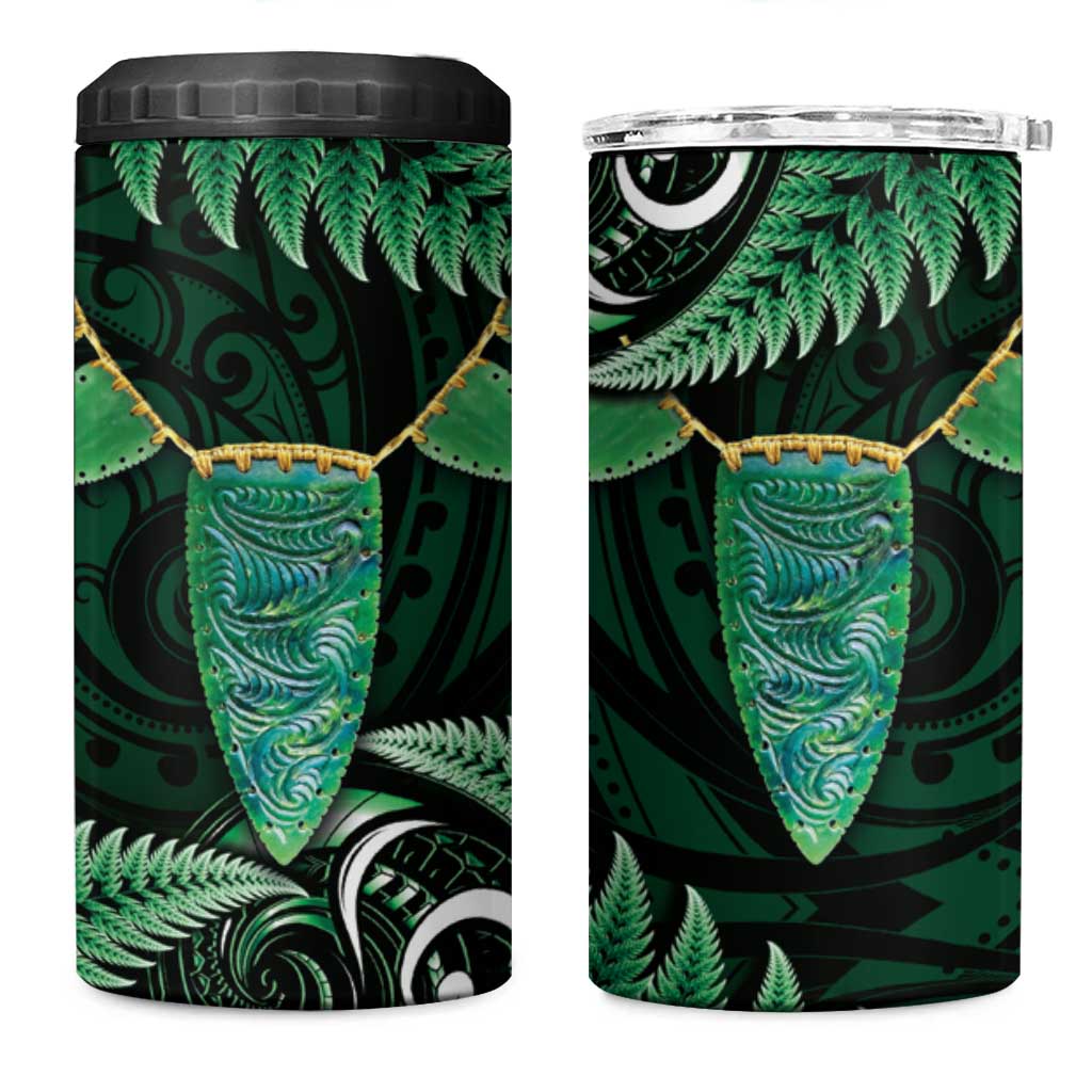 Aotearoa Pounamu Niho 4 in 1 Can Cooler Tumbler Silver Fern Mix Maori Pattern - Green