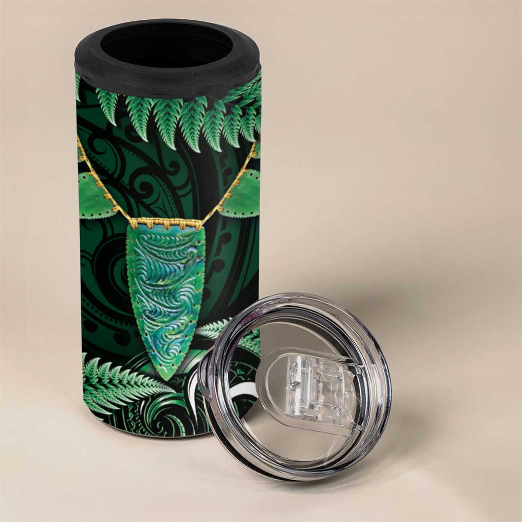 Aotearoa Pounamu Niho 4 in 1 Can Cooler Tumbler Silver Fern Mix Maori Pattern - Green