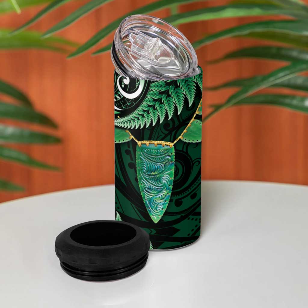 Aotearoa Pounamu Niho 4 in 1 Can Cooler Tumbler Silver Fern Mix Maori Pattern - Green