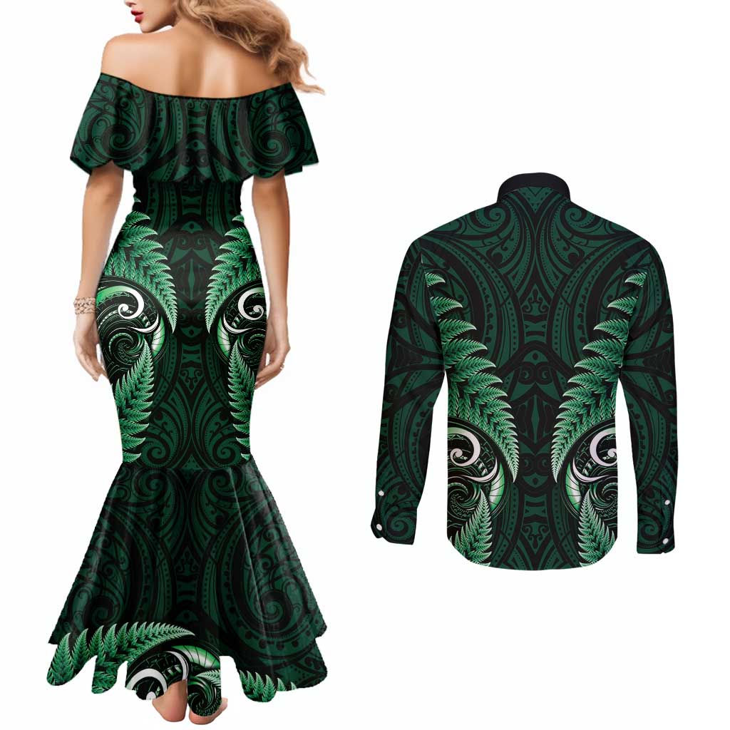 Aotearoa Pounamu Niho Couples Matching Mermaid Dress and Long Sleeve Button Shirt Silver Fern Mix Maori Pattern - Green