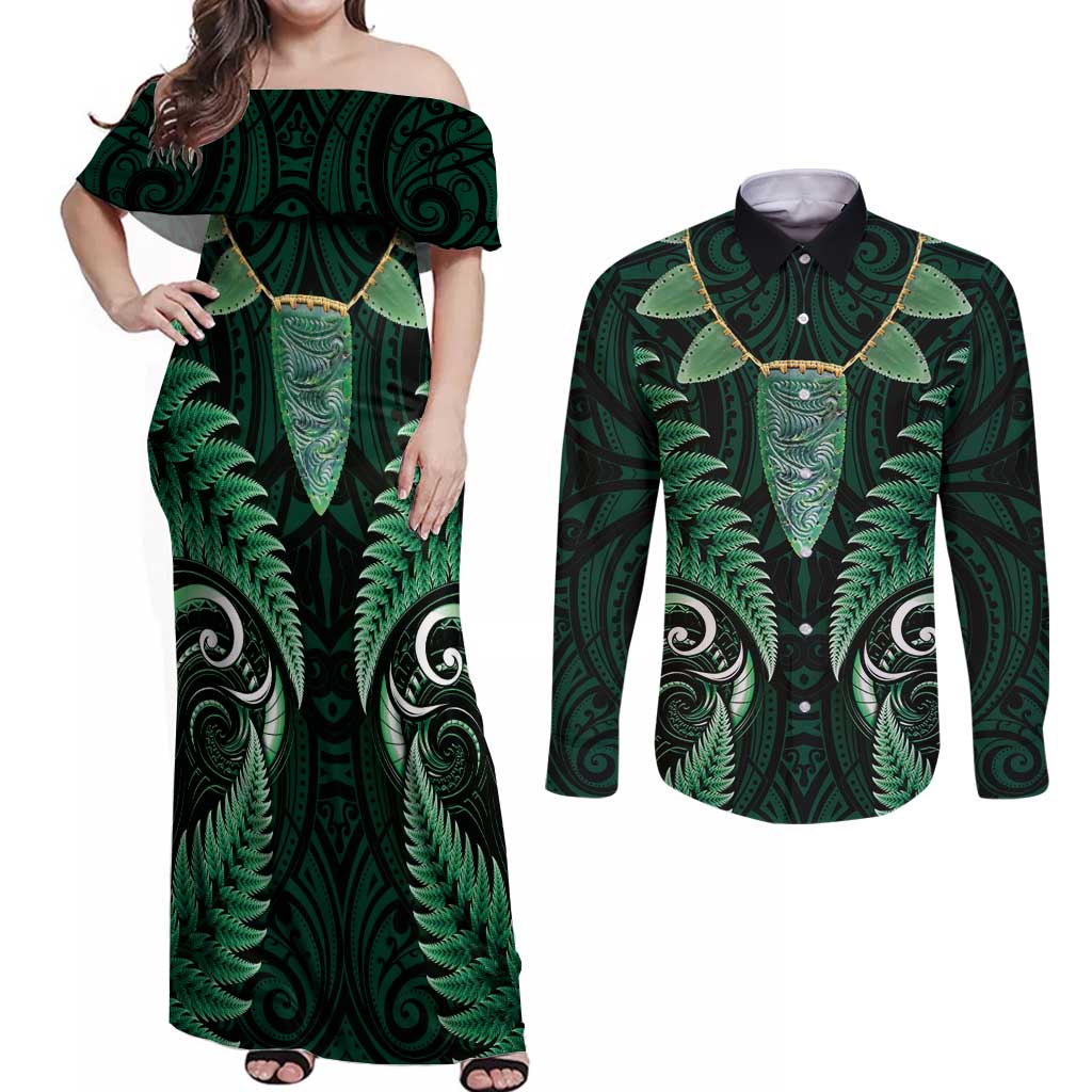 Aotearoa Pounamu Niho Couples Matching Off Shoulder Maxi Dress and Long Sleeve Button Shirt Silver Fern Mix Maori Pattern - Green