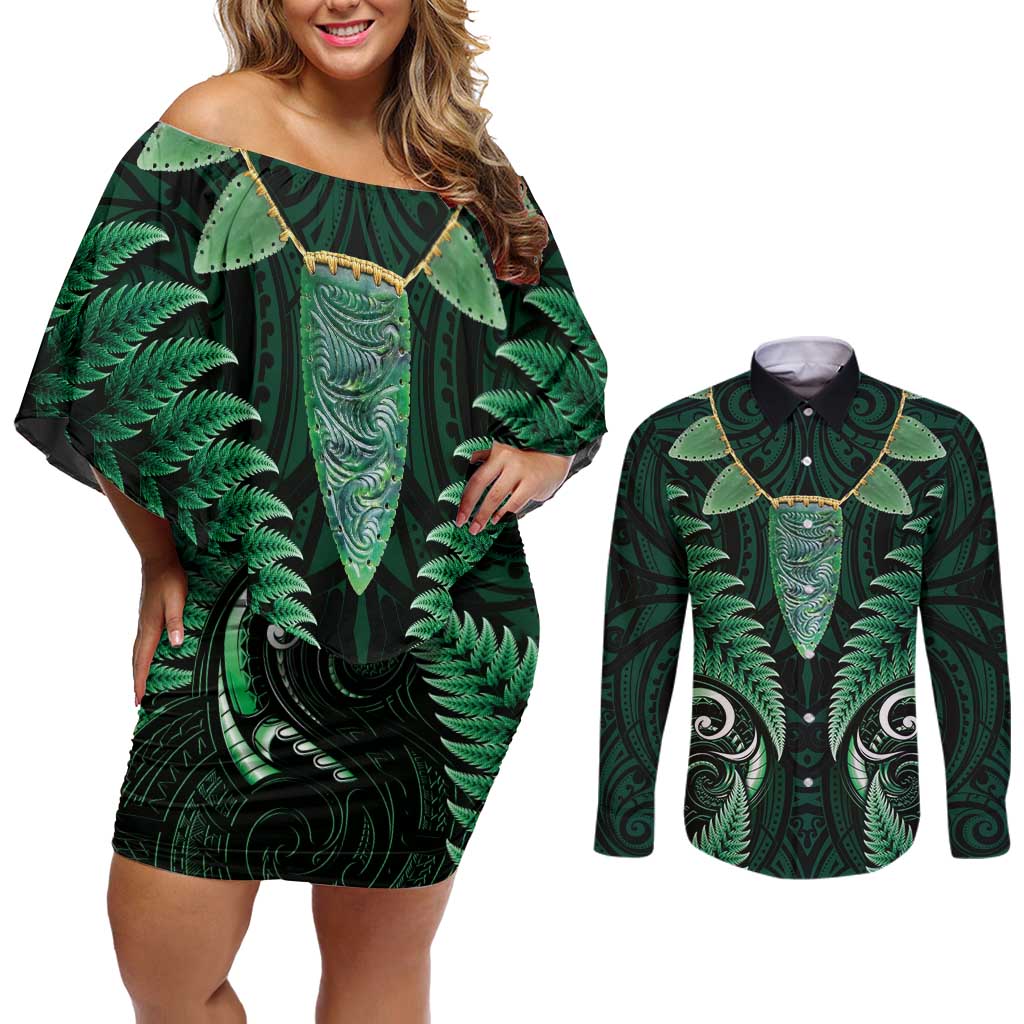 Aotearoa Pounamu Niho Couples Matching Off Shoulder Short Dress and Long Sleeve Button Shirt Silver Fern Mix Maori Pattern - Green