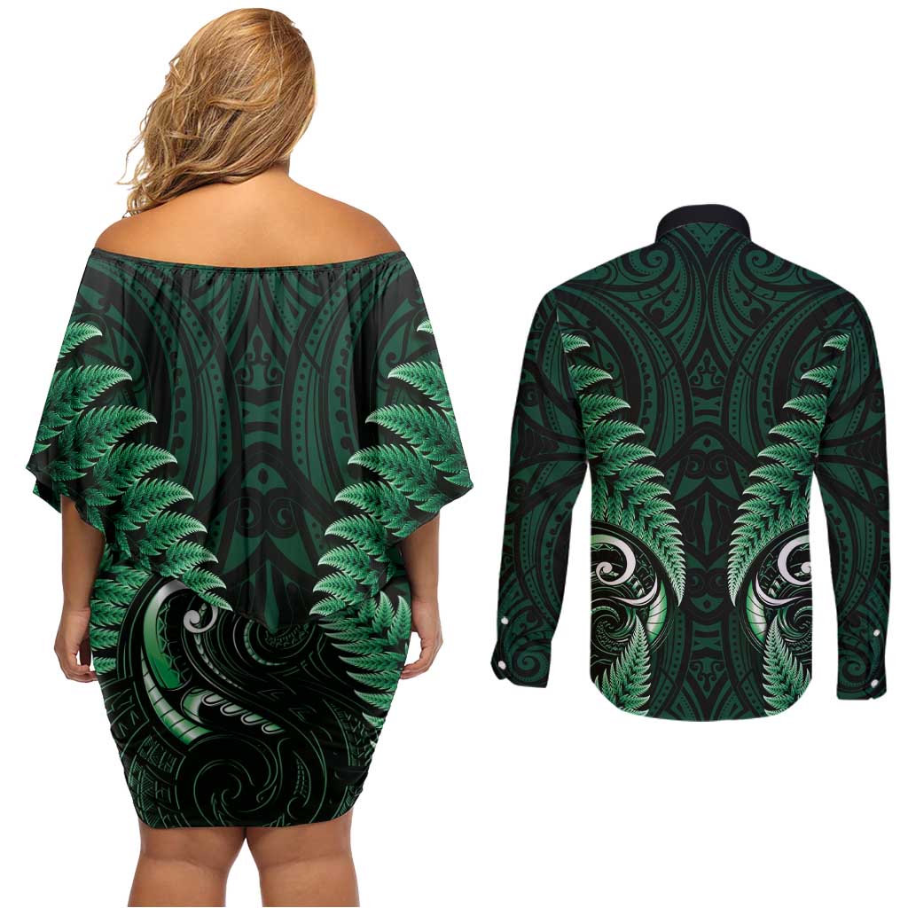 Aotearoa Pounamu Niho Couples Matching Off Shoulder Short Dress and Long Sleeve Button Shirt Silver Fern Mix Maori Pattern - Green