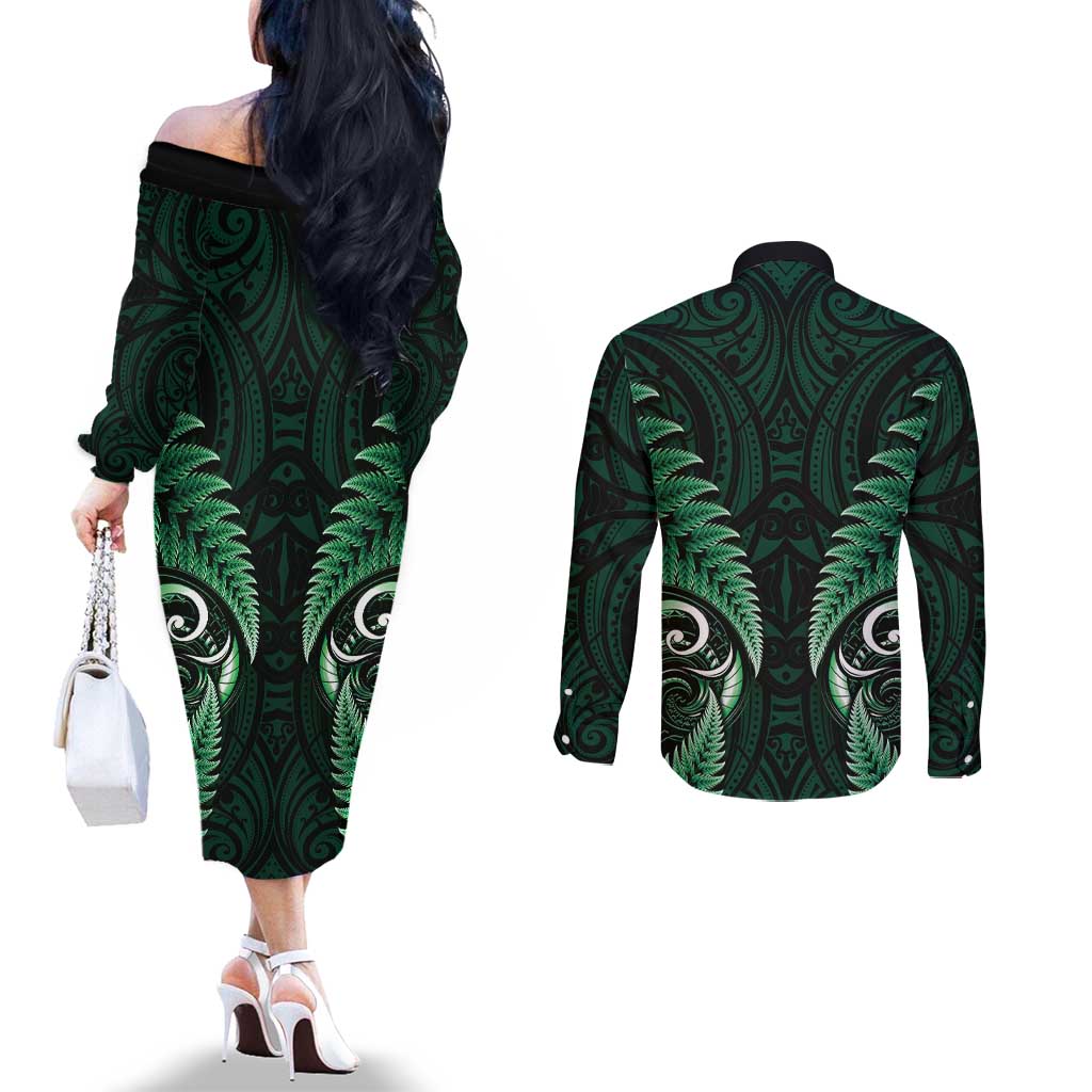 Aotearoa Pounamu Niho Couples Matching Off The Shoulder Long Sleeve Dress and Long Sleeve Button Shirt Silver Fern Mix Maori Pattern - Green