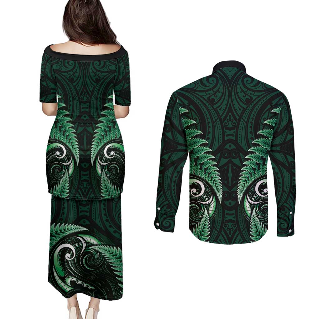 Aotearoa Pounamu Niho Couples Matching Puletasi and Long Sleeve Button Shirt Silver Fern Mix Maori Pattern - Green