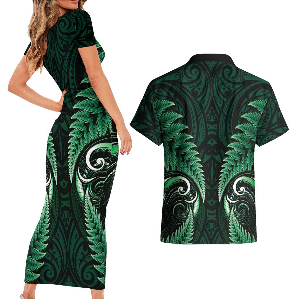 Aotearoa Pounamu Niho Couples Matching Short Sleeve Bodycon Dress and Hawaiian Shirt Silver Fern Mix Maori Pattern - Green