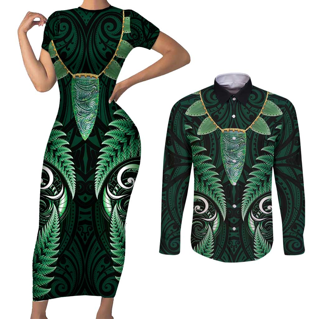 Aotearoa Pounamu Niho Couples Matching Short Sleeve Bodycon Dress and Long Sleeve Button Shirt Silver Fern Mix Maori Pattern - Green