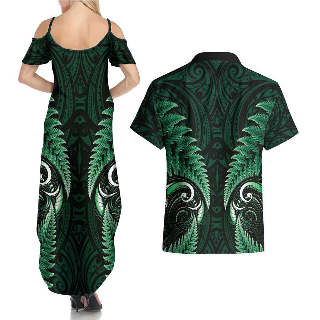 Aotearoa Pounamu Niho Couples Matching Summer Maxi Dress and Hawaiian Shirt Silver Fern Mix Maori Pattern - Green