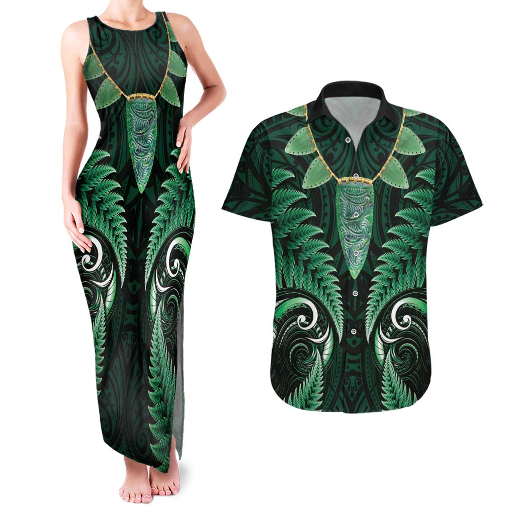 Aotearoa Pounamu Niho Couples Matching Tank Maxi Dress and Hawaiian Shirt Silver Fern Mix Maori Pattern - Green