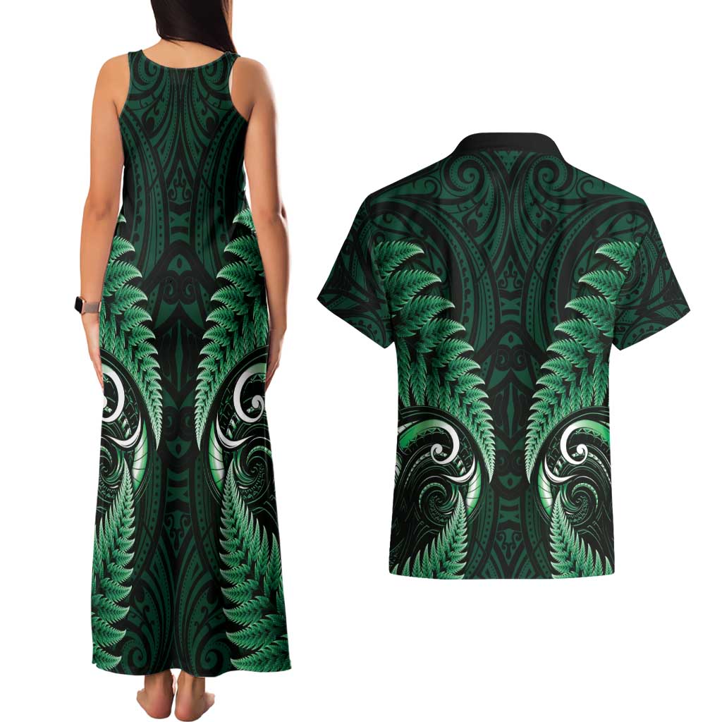 Aotearoa Pounamu Niho Couples Matching Tank Maxi Dress and Hawaiian Shirt Silver Fern Mix Maori Pattern - Green