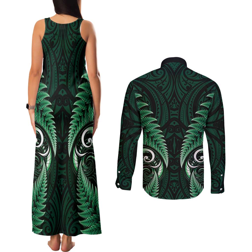 Aotearoa Pounamu Niho Couples Matching Tank Maxi Dress and Long Sleeve Button Shirt Silver Fern Mix Maori Pattern - Green