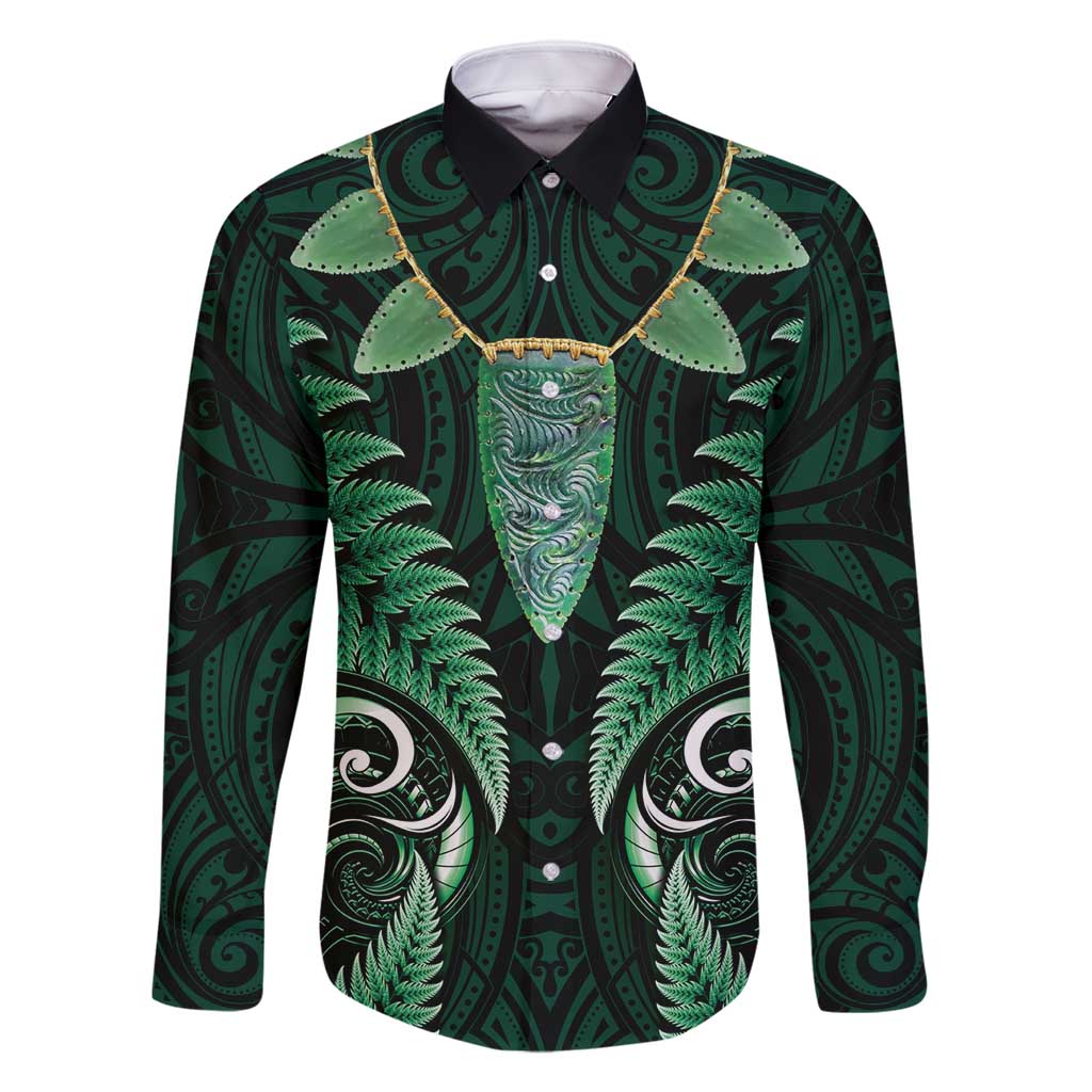 Aotearoa Pounamu Niho Family Matching Long Sleeve Bodycon Dress and Hawaiian Shirt Silver Fern Mix Maori Pattern - Green