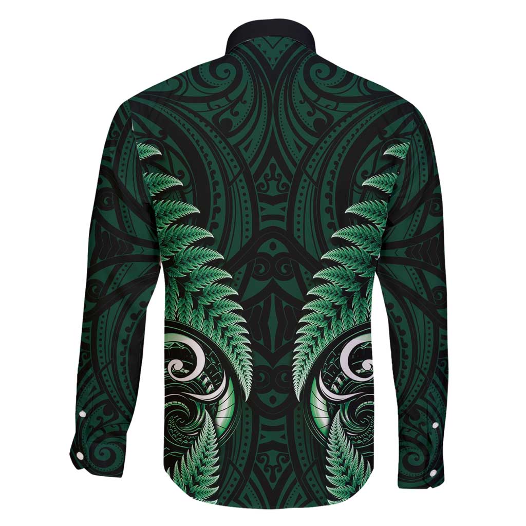 Aotearoa Pounamu Niho Family Matching Long Sleeve Bodycon Dress and Hawaiian Shirt Silver Fern Mix Maori Pattern - Green