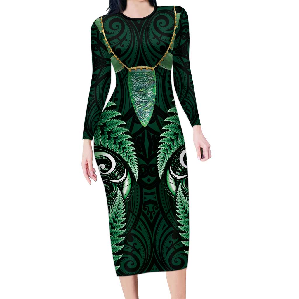 Aotearoa Pounamu Niho Family Matching Long Sleeve Bodycon Dress and Hawaiian Shirt Silver Fern Mix Maori Pattern - Green