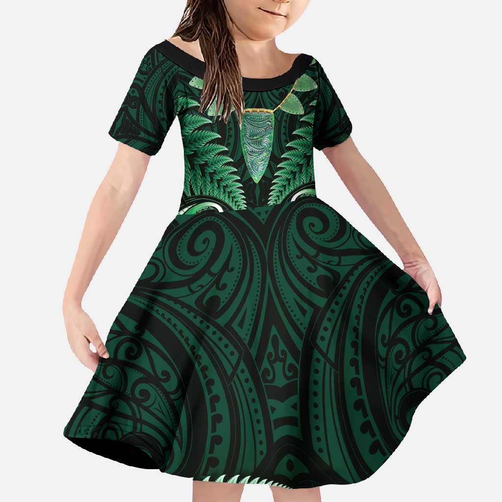 Aotearoa Pounamu Niho Family Matching Mermaid Dress and Hawaiian Shirt Silver Fern Mix Maori Pattern - Green