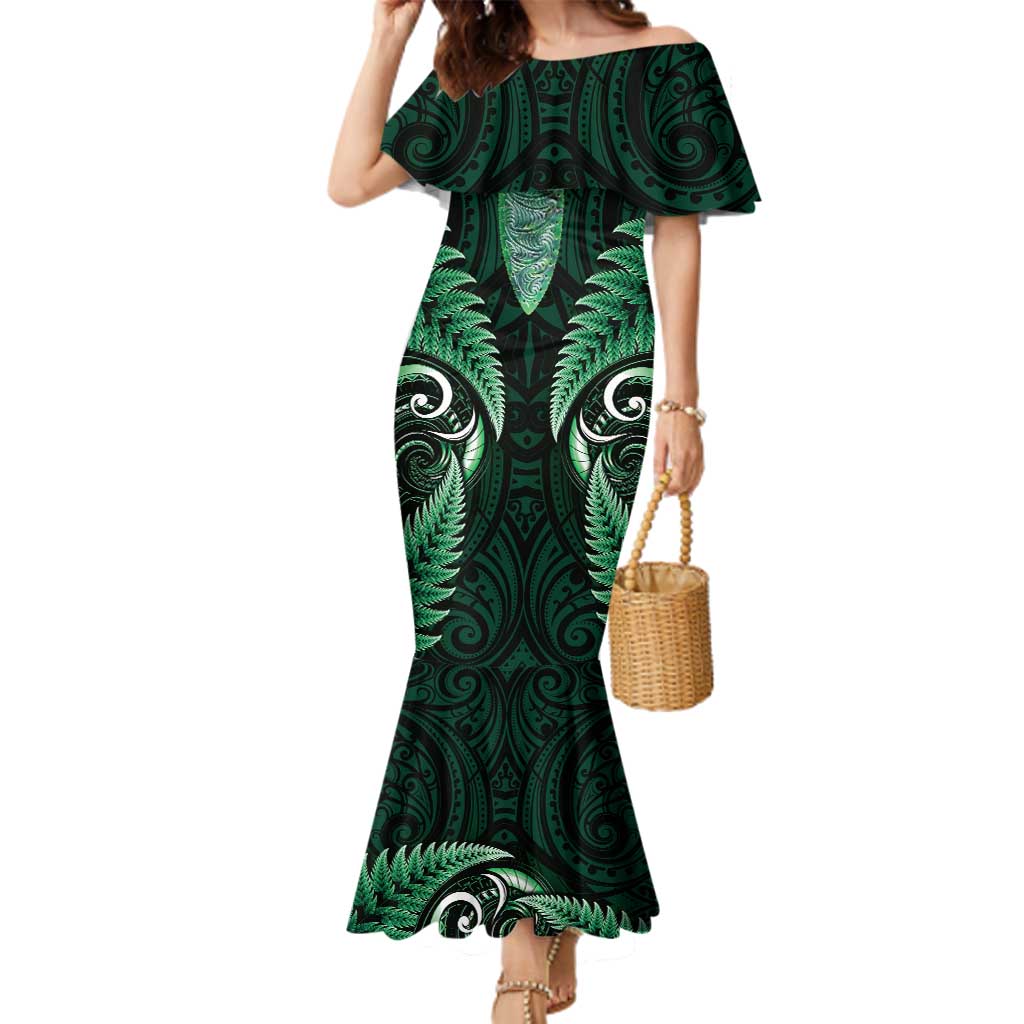 Aotearoa Pounamu Niho Family Matching Mermaid Dress and Hawaiian Shirt Silver Fern Mix Maori Pattern - Green