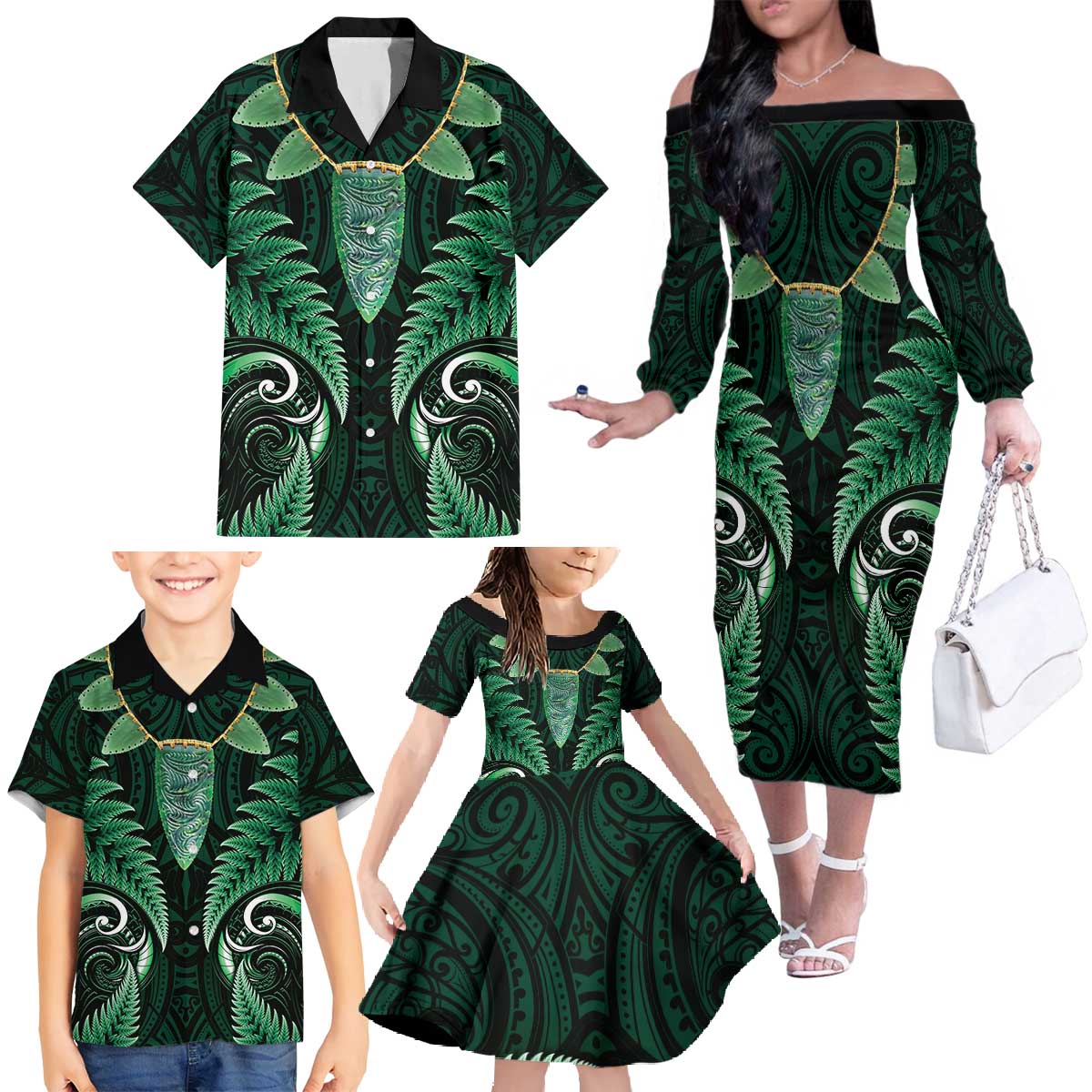 Aotearoa Pounamu Niho Family Matching Off The Shoulder Long Sleeve Dress and Hawaiian Shirt Silver Fern Mix Maori Pattern - Green