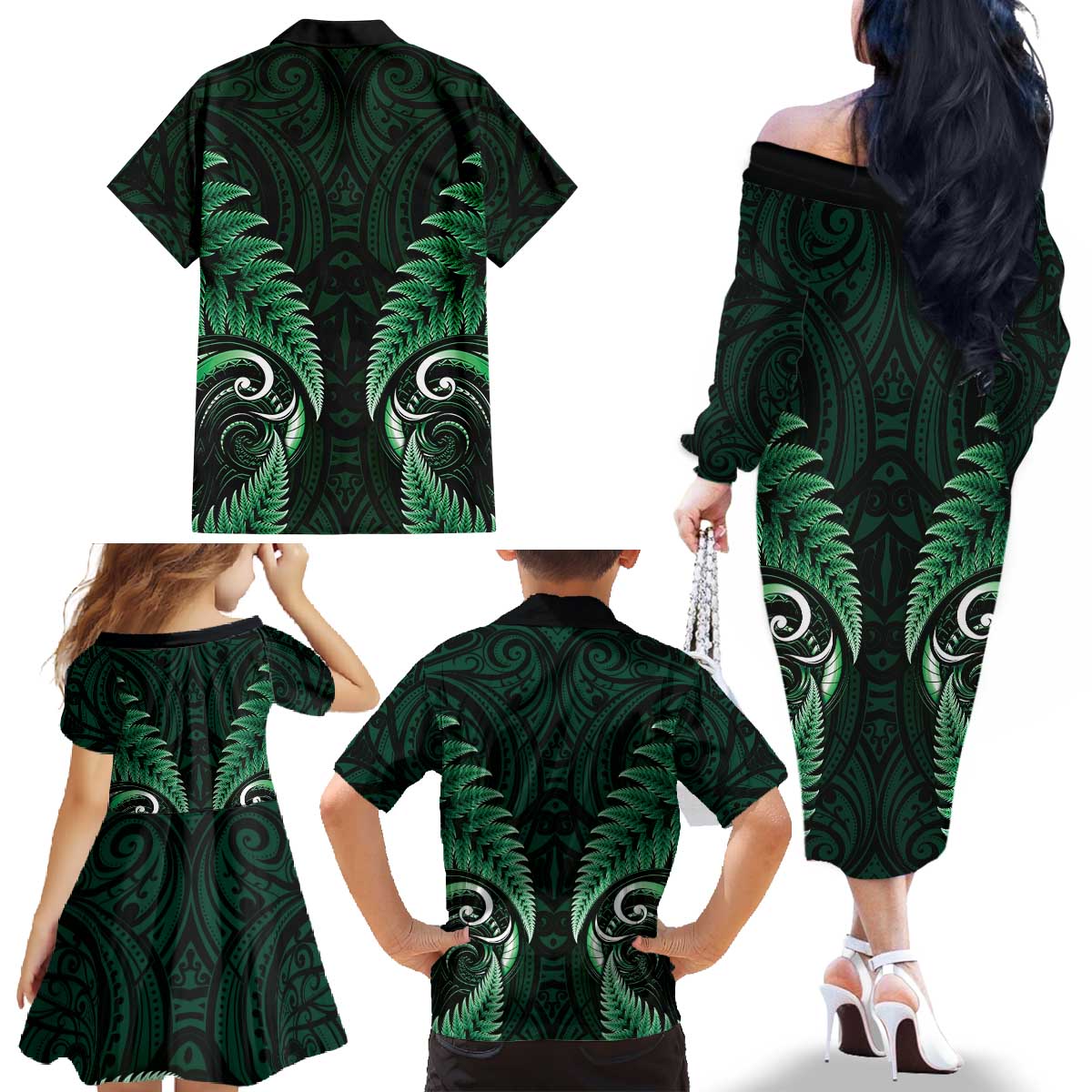 Aotearoa Pounamu Niho Family Matching Off The Shoulder Long Sleeve Dress and Hawaiian Shirt Silver Fern Mix Maori Pattern - Green