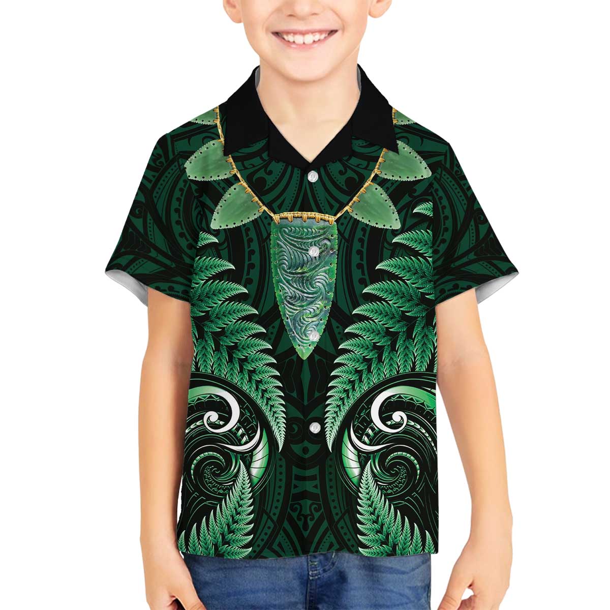 Aotearoa Pounamu Niho Family Matching Off The Shoulder Long Sleeve Dress and Hawaiian Shirt Silver Fern Mix Maori Pattern - Green